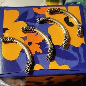Ornate Silver-Tone Curved Metal Clasps Or Bracelet Peices For Beading - Set of 4